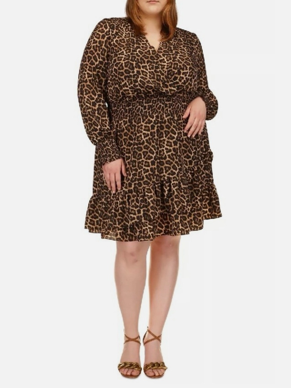 MK MICHAEL KORS Julia Smocked Waist Animal-Print Dress Leopard